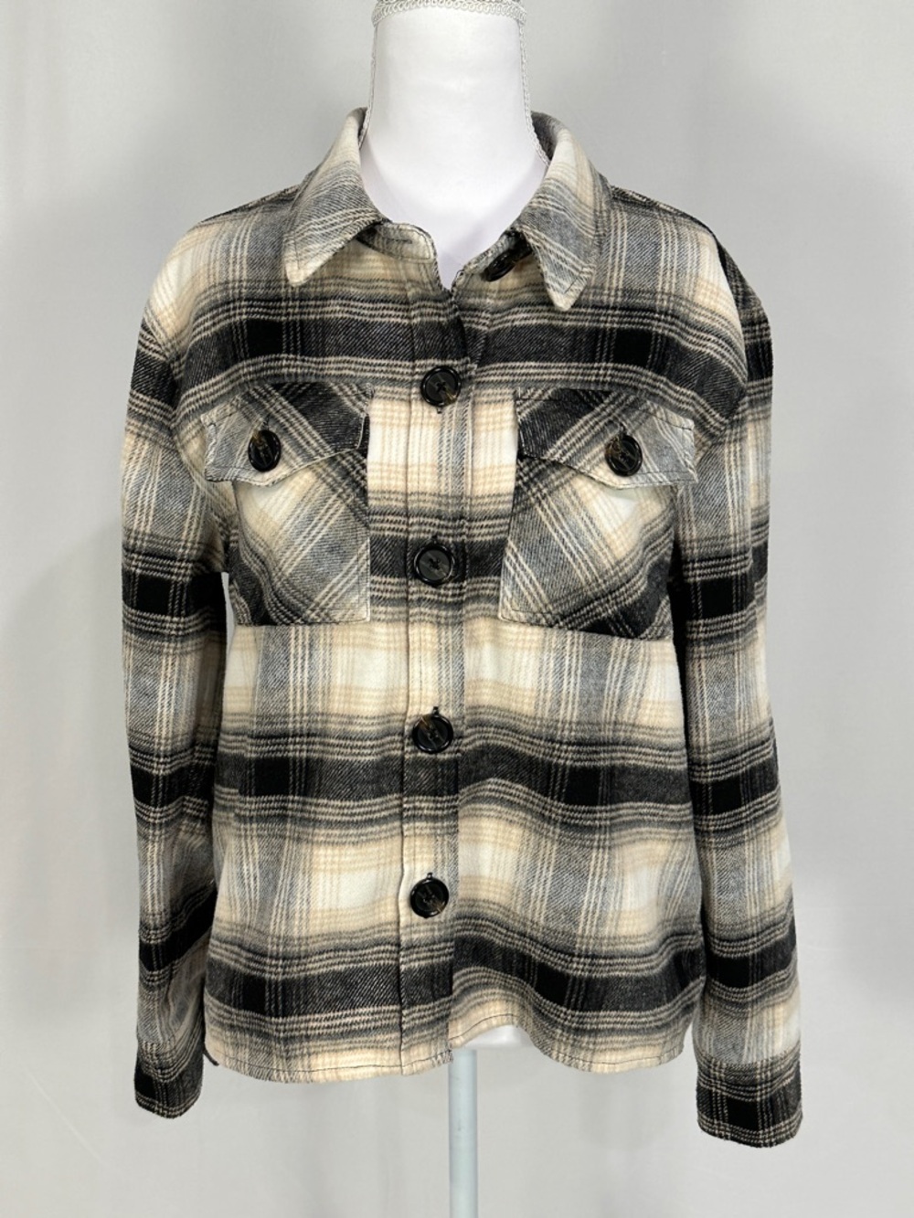 BB Dakota Black & Cream Plaid Utility Shacket Medium
